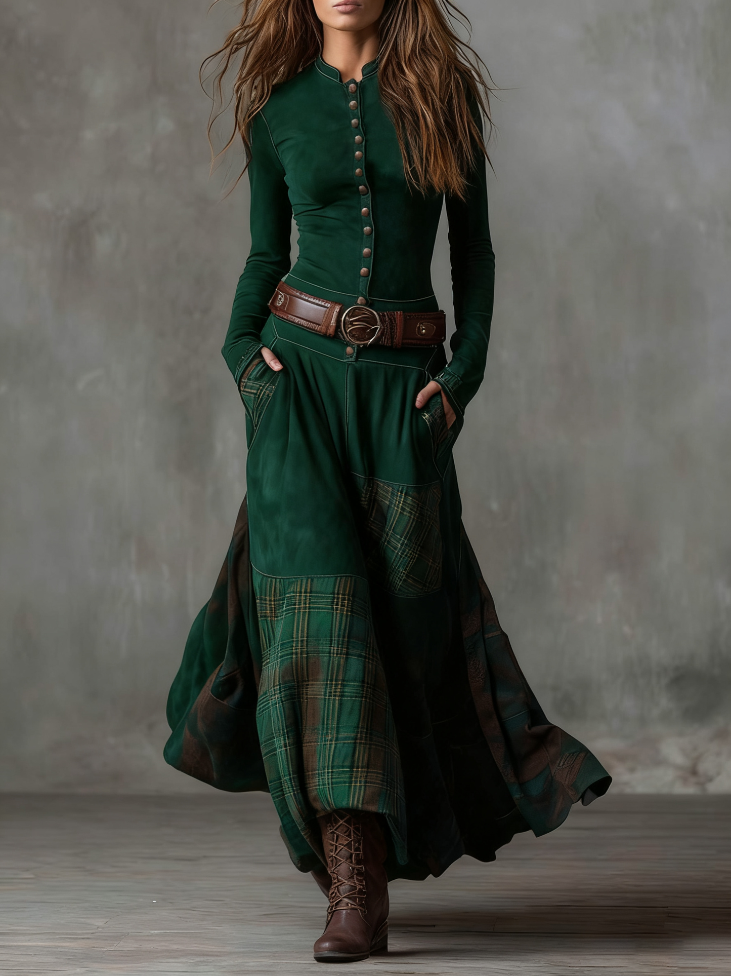Natasha Vintage Plaid Suede Maxi Dress