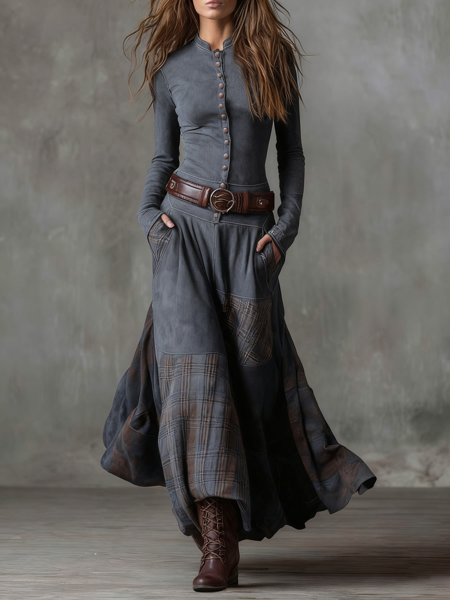 Natasha Vintage Plaid Suede Maxi Dress