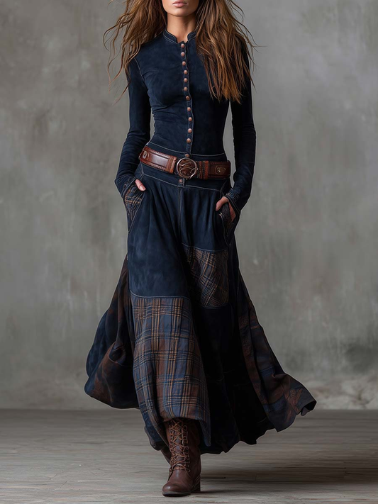 Natasha Vintage Plaid Suede Maxi Dress