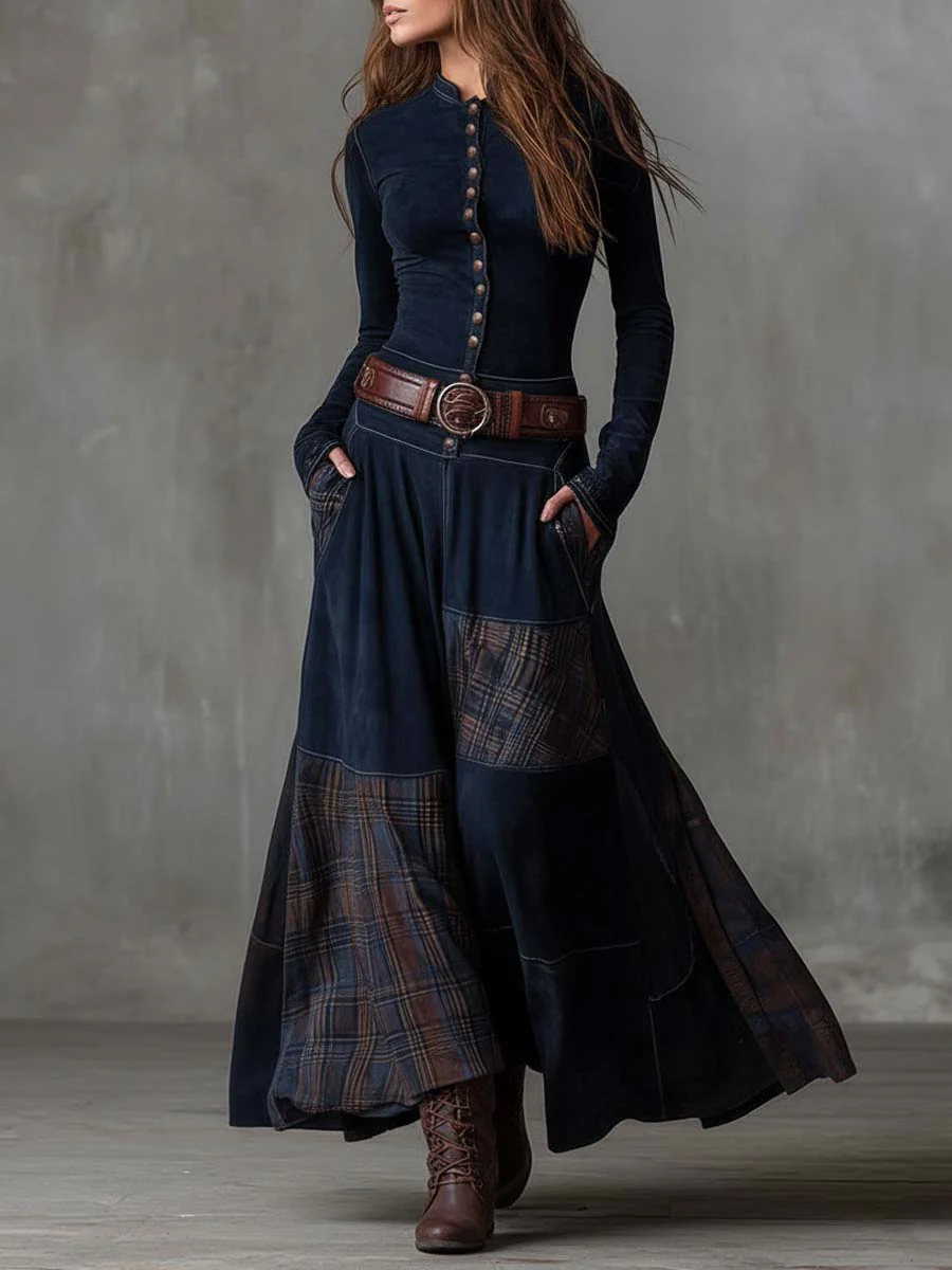 Natasha Vintage Plaid Suede Maxi Dress