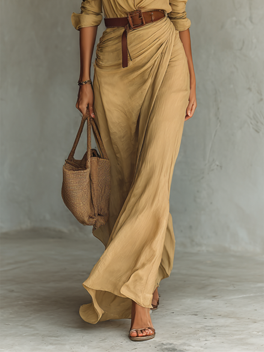 Mallory Long Maxi Dress with Lapel Collar & Belt