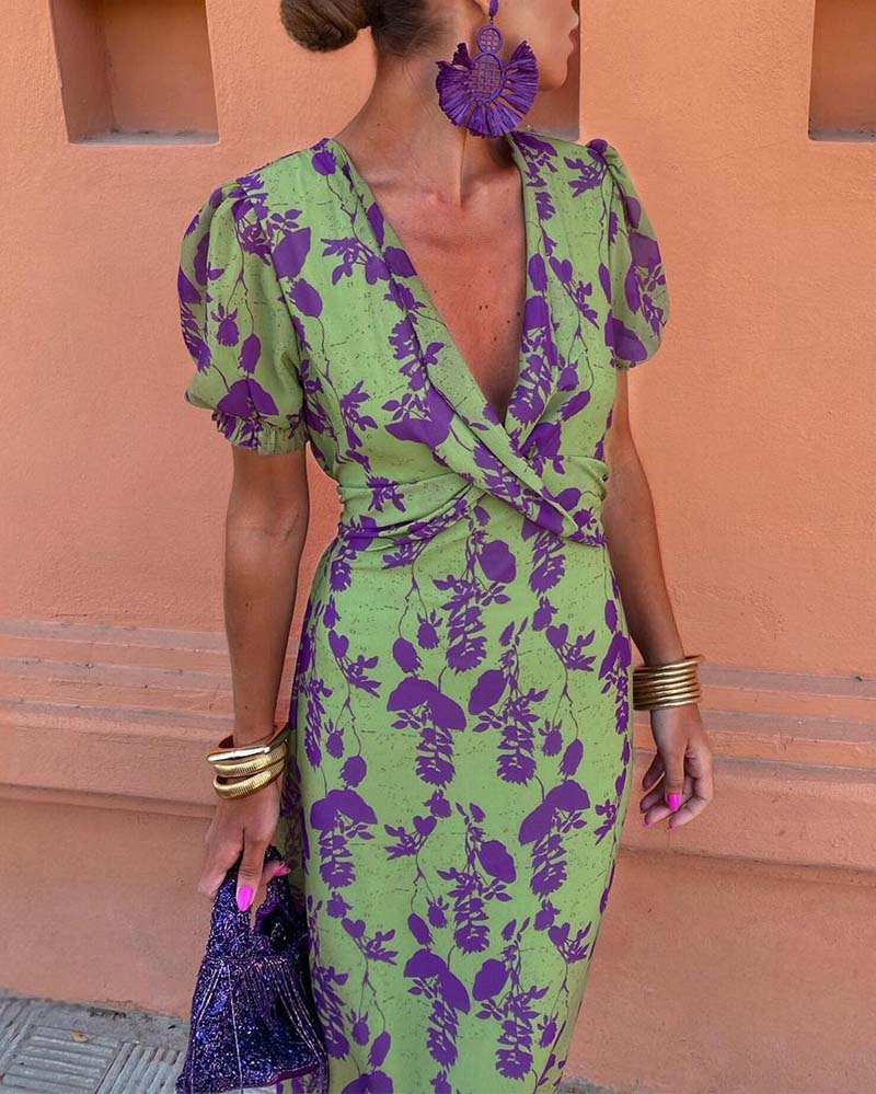 Abigail Chic Leaf Print V-Neck Dress