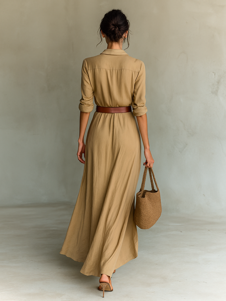 Mallory Long Maxi Dress with Lapel Collar & Belt