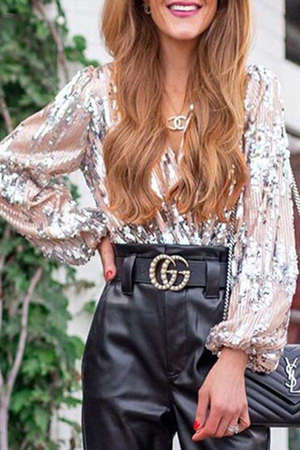 Kelila Sequin V-Neck Blouse