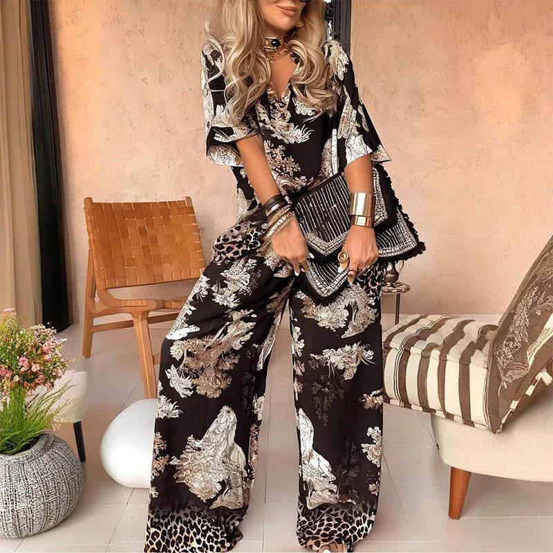 Tasha Printed V-Neck Top & Long Pants Set