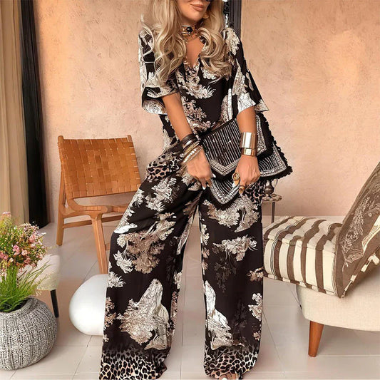 Tasha Printed V-Neck Top & Long Pants Set