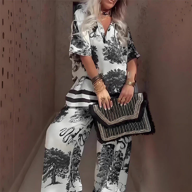 Tasha Printed V-Neck Top & Long Pants Set